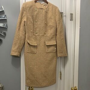 FEHAUTE Elegant Tan Tweed Dress with Gold Buttons